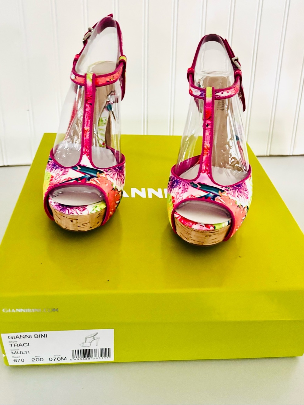 Gianni Bini Bright Multi-Color Floral Cork Platform Sandals with Pink Straps